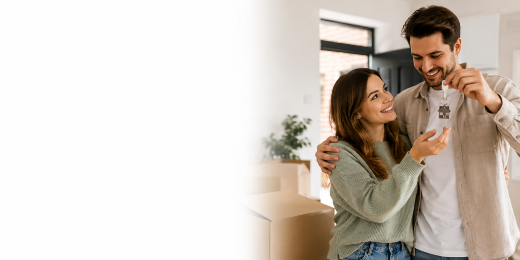 First-time buyer mortgages – couple receiving the keys to their new home